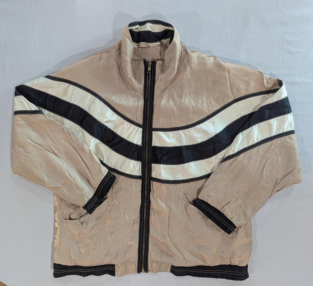 Vintage Gallery Sport Jacket Mens L Beige Striped Nylon Windbreaker Full Zip